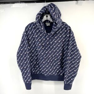 Champion Reverse Weave All Over Logo Hoodie Navy Blue Large Hooded‎ Sweatshirt